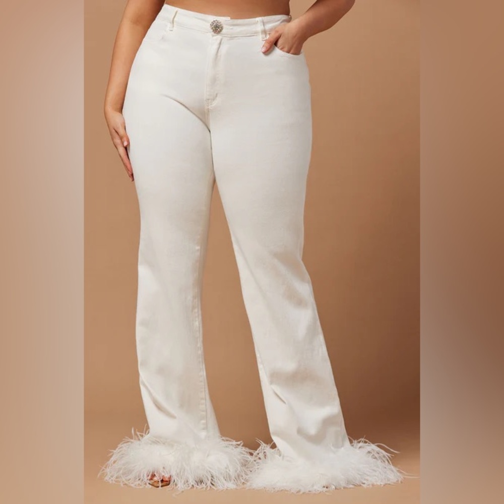 Fashion Nova Luxe Cream Flare Jeans with feather trim
